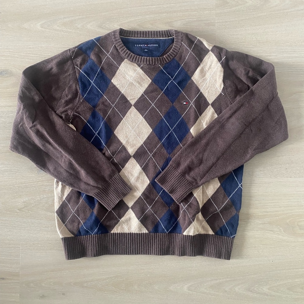 Tommy Hilfiger Men's Brown Argyle Crewneck Sweater Size M